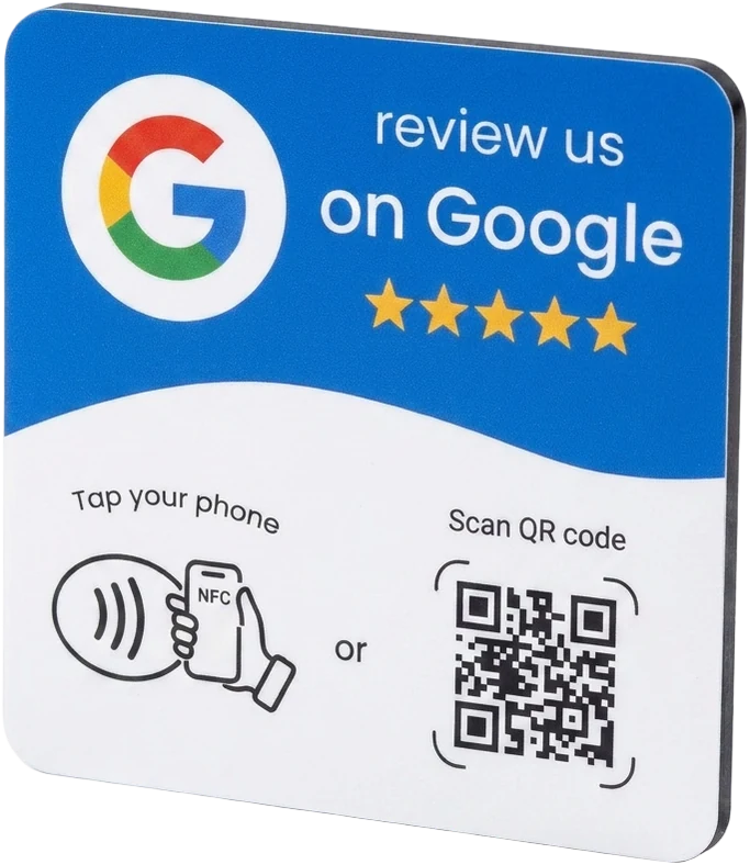 Blue and white ReviewTap table plate reading review us on Google, with five stars, Tap your phone and Scan QR code