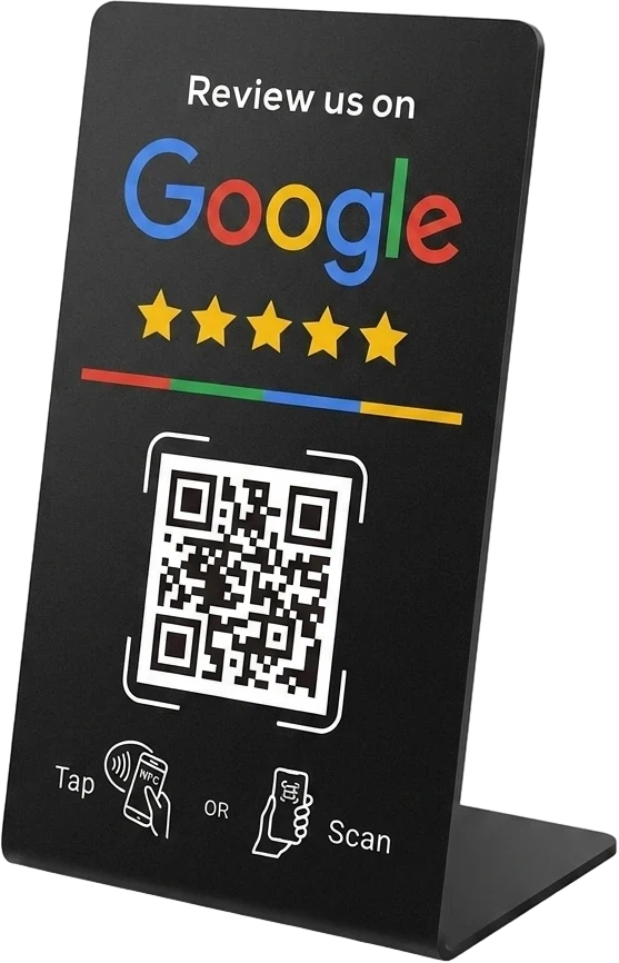 Black ReviewTap counter stand reading Review us on Google, with five stars, a QR code and Tap or Scan