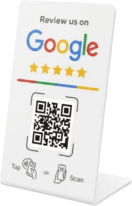 White ReviewTap counter stand reading Review us on Google, with five stars, a QR code and Tap or Scan